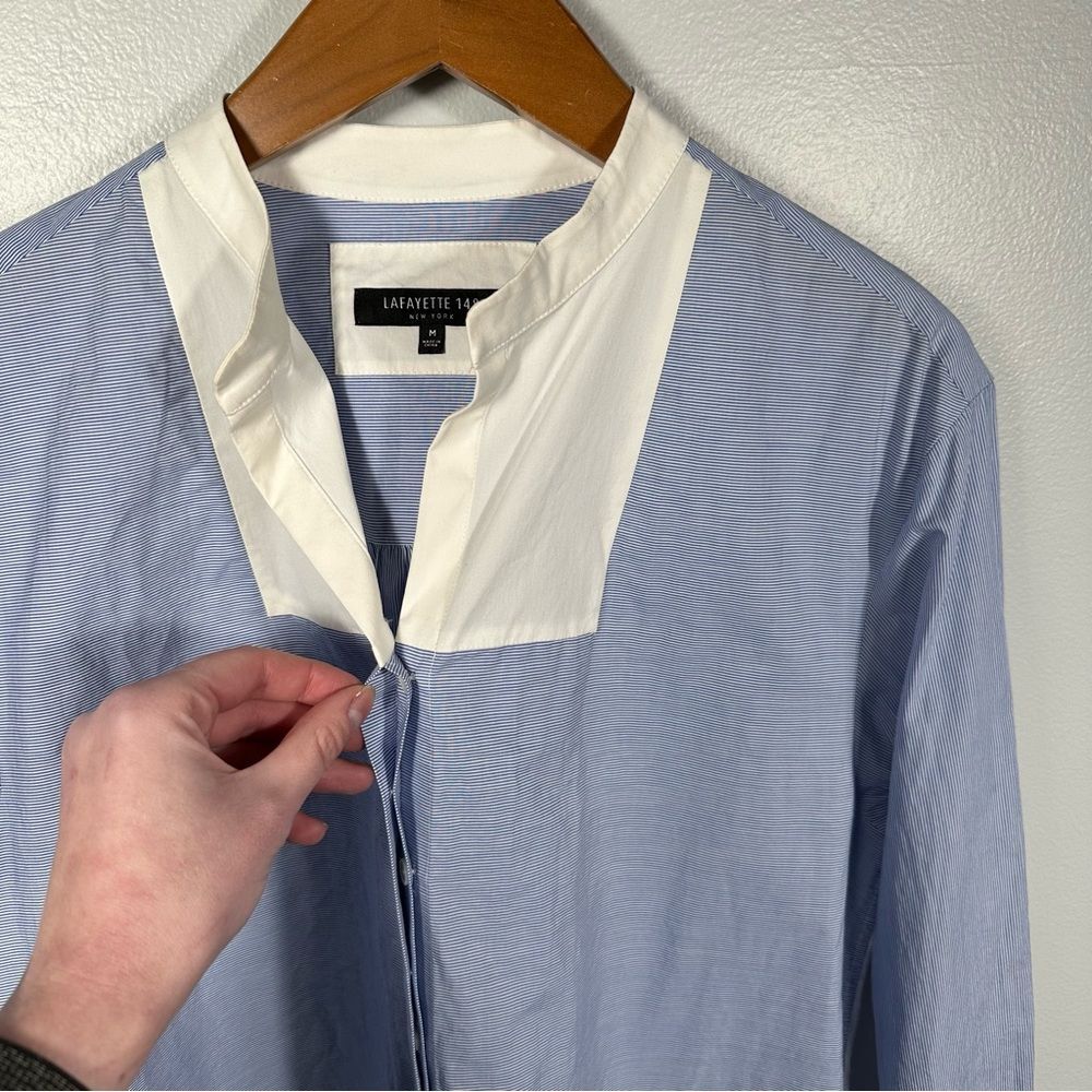 Lafayette 148 Blue White Pinstripe Chambray Colorblock Tunic Blouse Size Medium - Picture 6 of 15